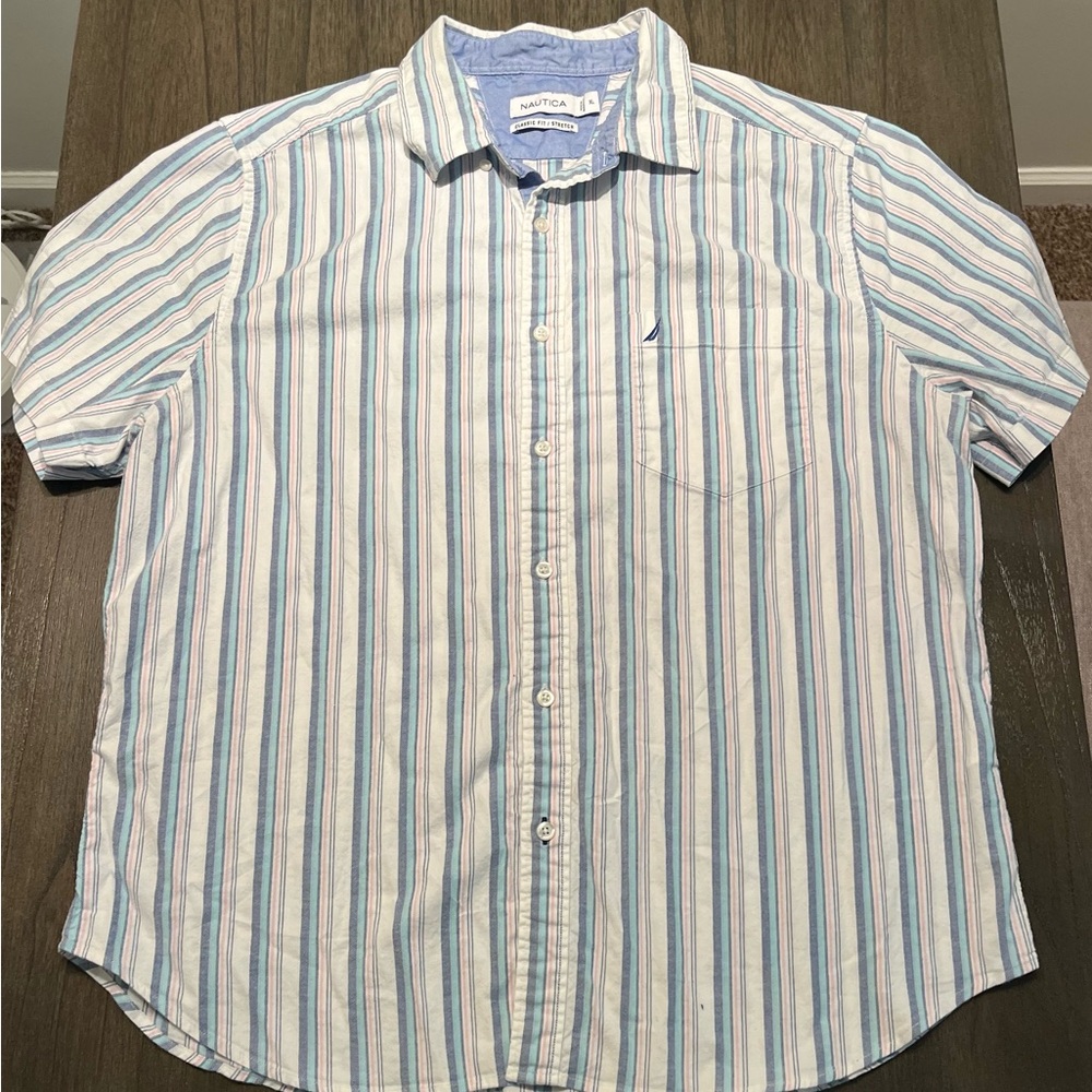 Nautica Men's Light Blue and White Striped Shirt With Pink Accent